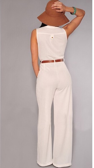 F2449 Stylish V Neck Sleeveless Button Design Wide Leg Jumpsuit For Women